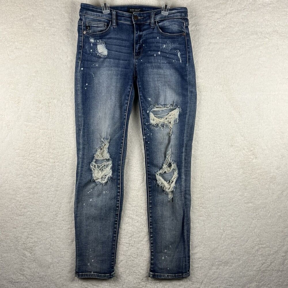 Judy Blue Boyfriend Fit Bleach Splatter Blue Jeans, Women’s 5/27 Distressed